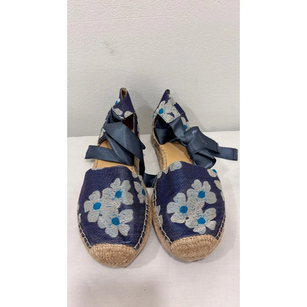 Marc Fisher Valicia2 Floral Espadrille Flats Blue White Ribbon Tie Ankle 8.5M
